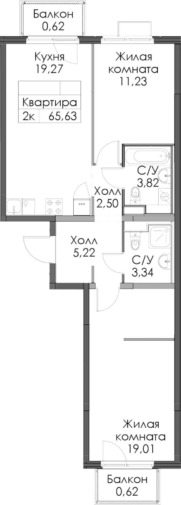 2-комнатная квартира 65.63 м², 12/12 эт., ЖК «Таллинский парк»